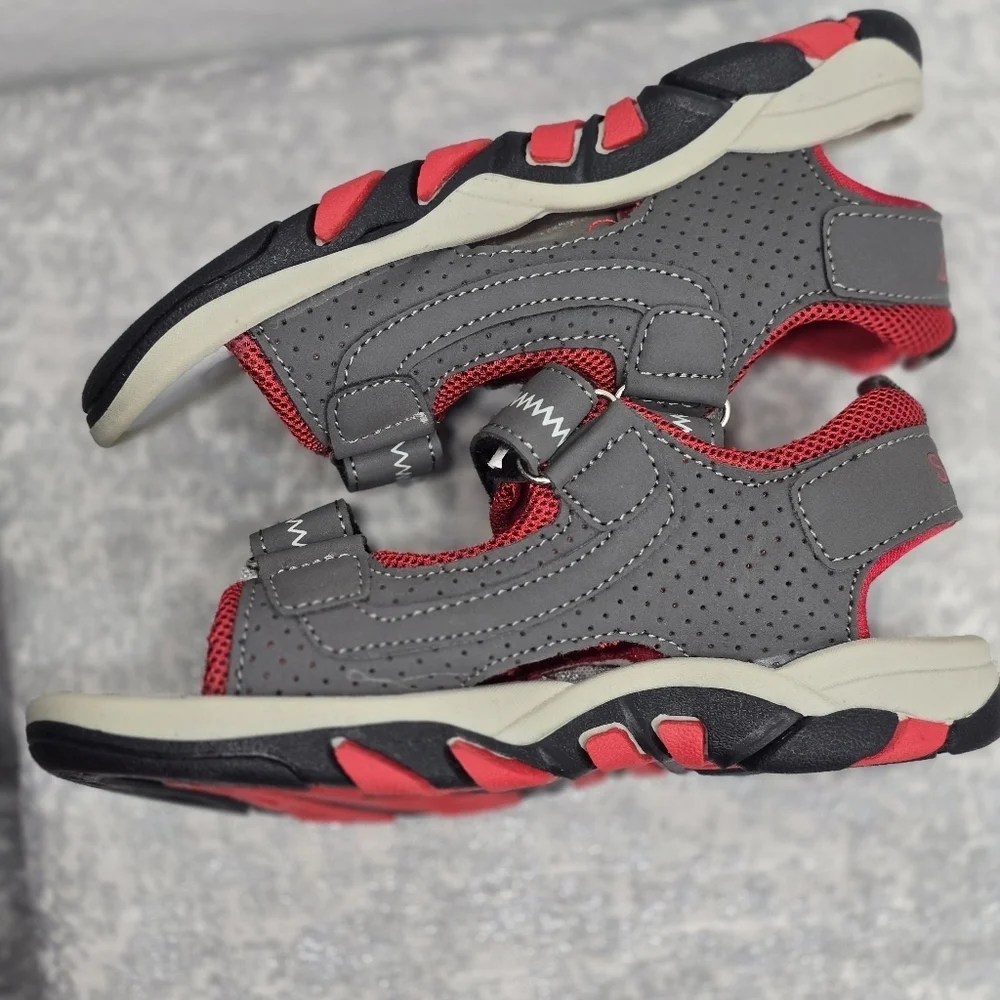 Red and Gray Sandals with Velcro Straps and Cushioned Footbed